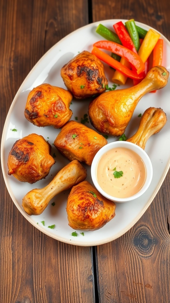 Crispy Baked Chicken Drumsticks Recipe Crispy baked chicken drumsticks on a plate, garnished with herbs and served with dipping sauce and vegetables.